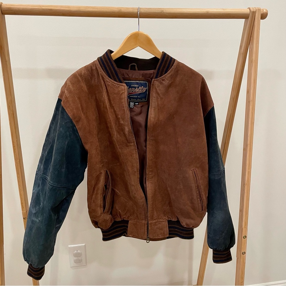 Vintage Suede Leather Varsity Baseball Bomber Jacket in Navy/Caramel Brown - Picture 2 of 6